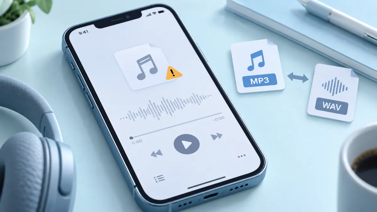 A paused phone audio player with a warning symbol and file-format tiles