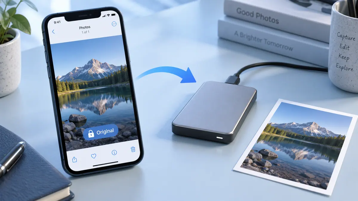 An original landscape photo on a phone beside an external backup drive