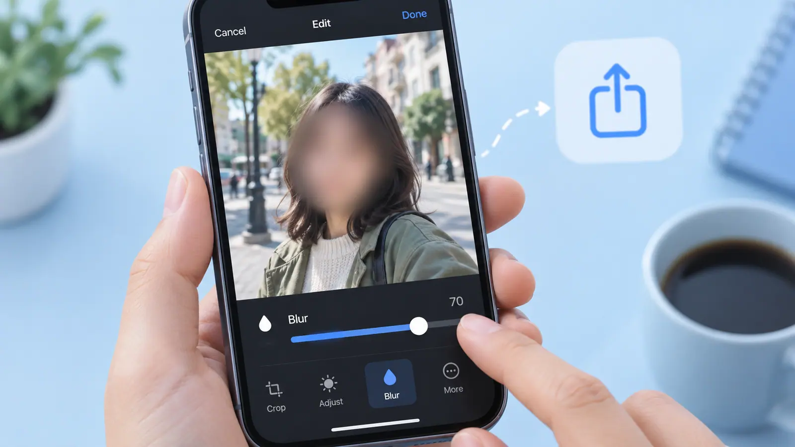 A face blurred within a photo on a phone editing screen