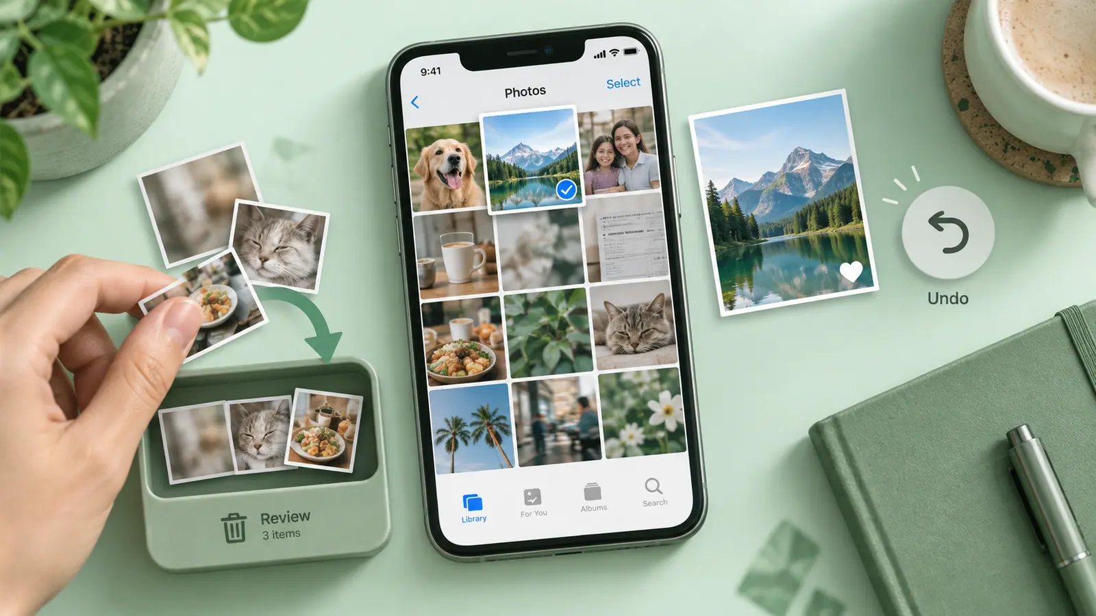 A phone photo grid with unwanted pictures selected for review and a favorite kept