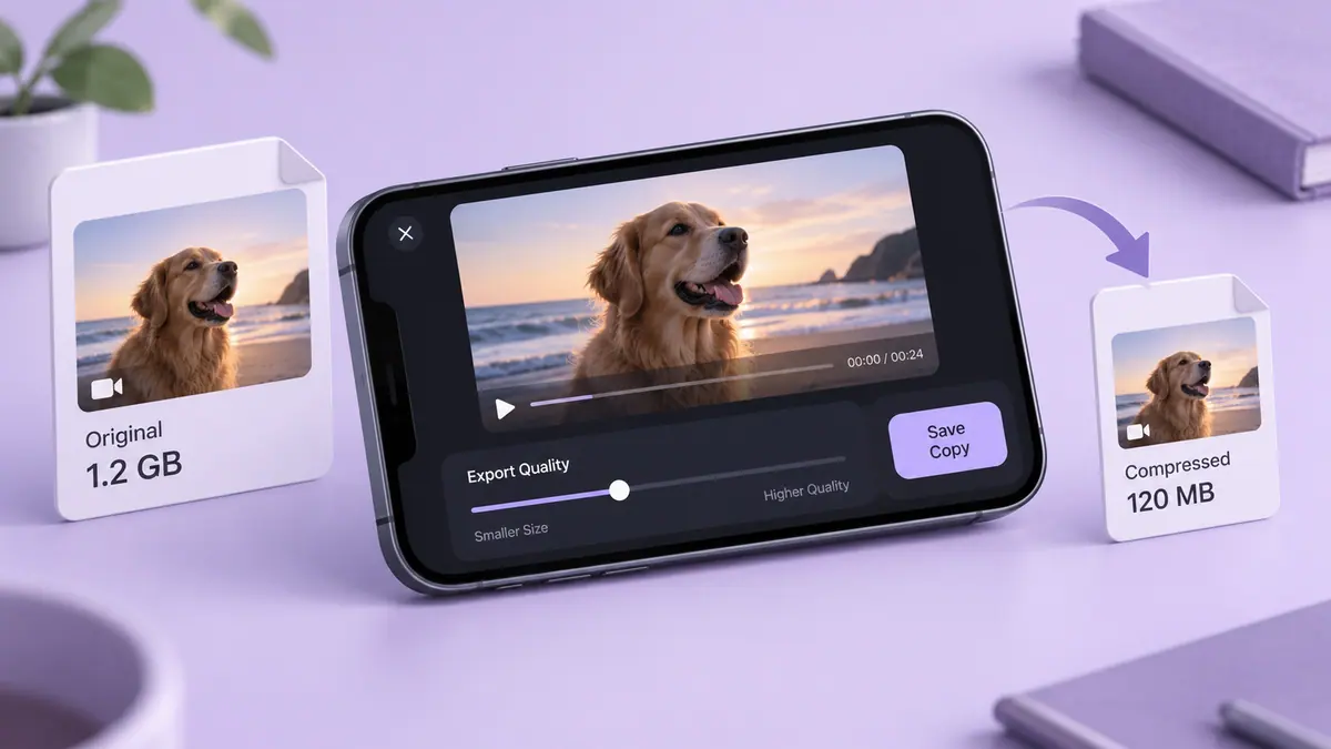 A landscape phone with a video preview, quality slider, and source and export file tiles