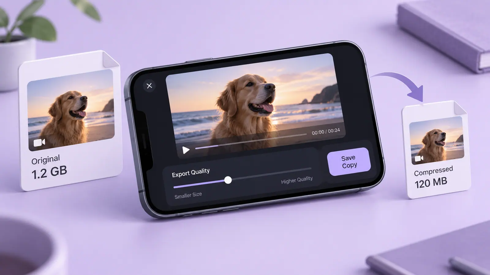 A landscape phone with a video preview, quality slider, and source and export file tiles