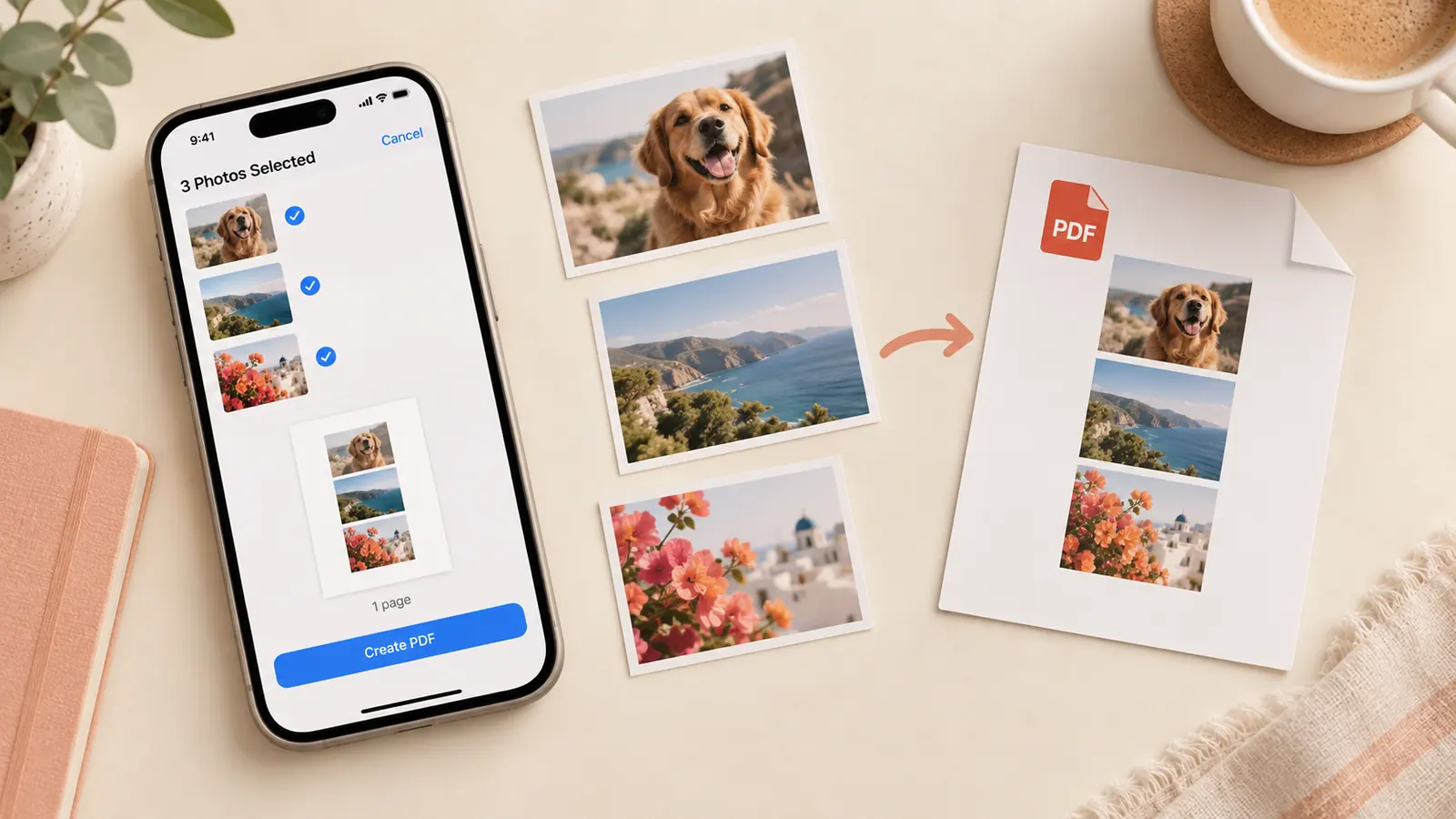 Selected photos beside a phone and an ordered PDF page preview