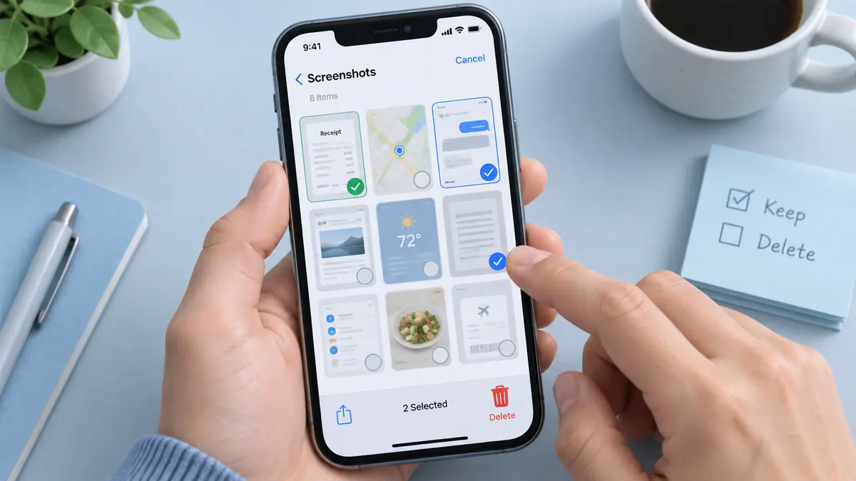Screenshots selected for review on a phone beside a keep-or-delete checklist