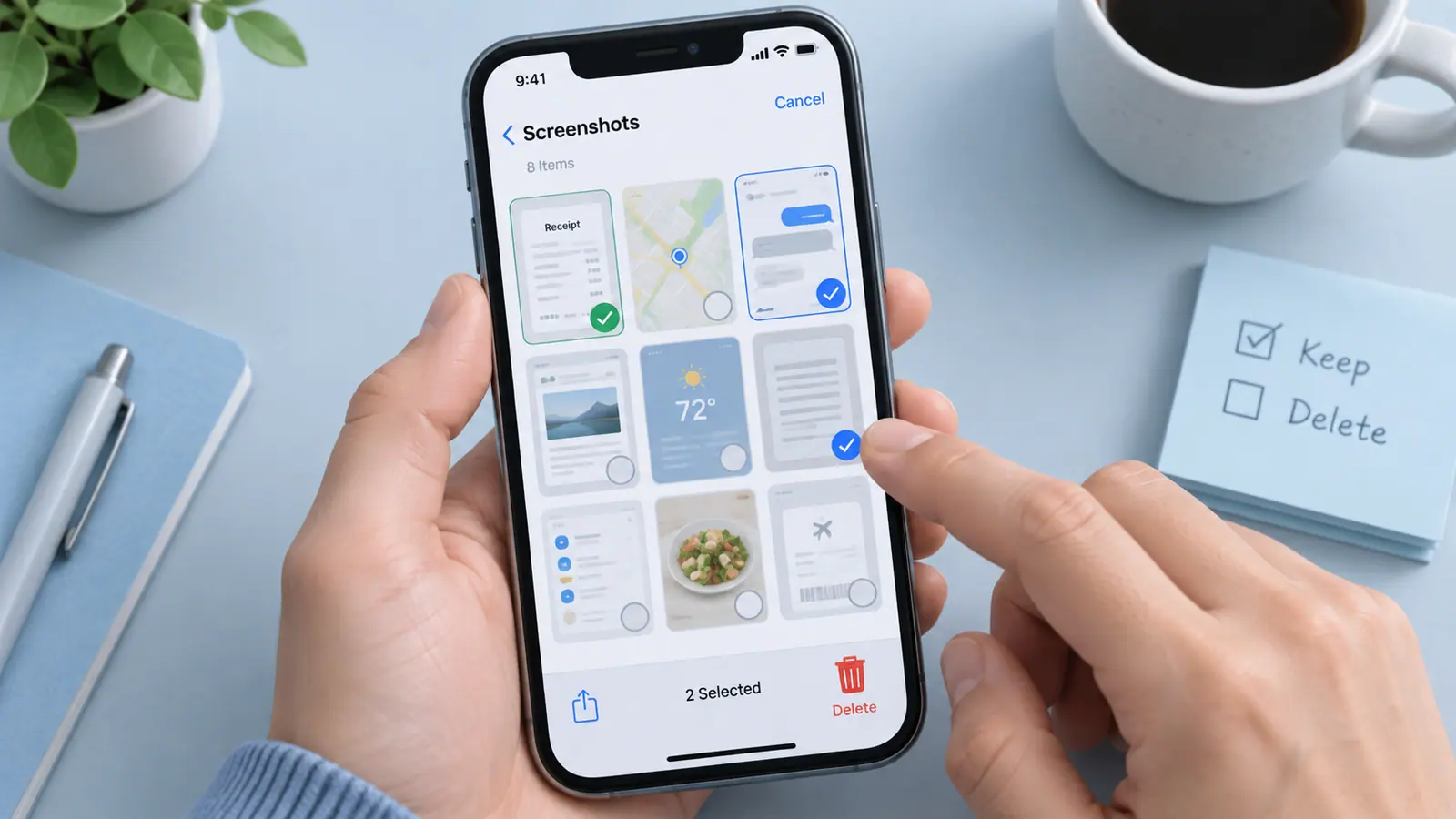 Screenshots selected for review on a phone beside a keep-or-delete checklist