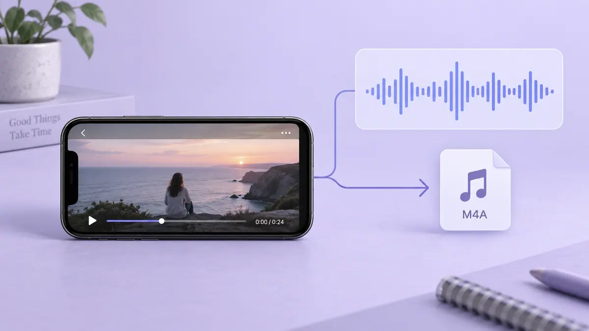 A landscape video on a phone connected to a waveform and an audio file