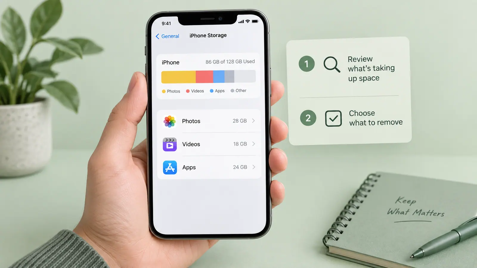 A phone storage bar and content categories beside a review checklist