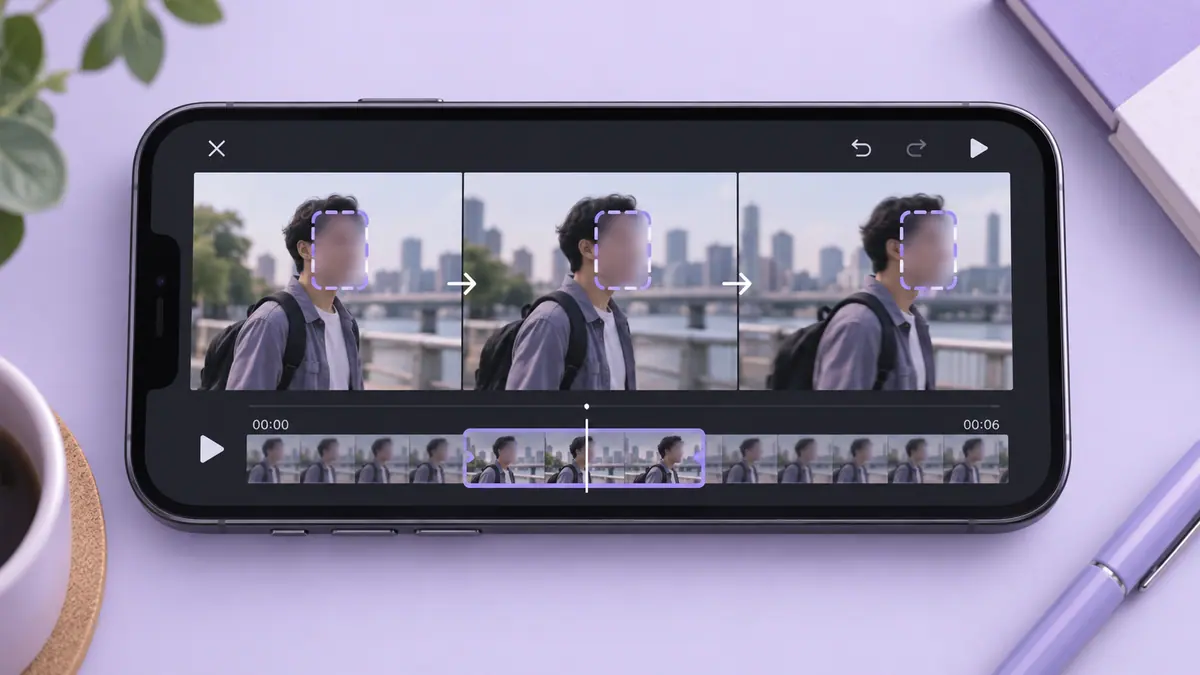 A blurred face remaining covered across three consecutive video frames