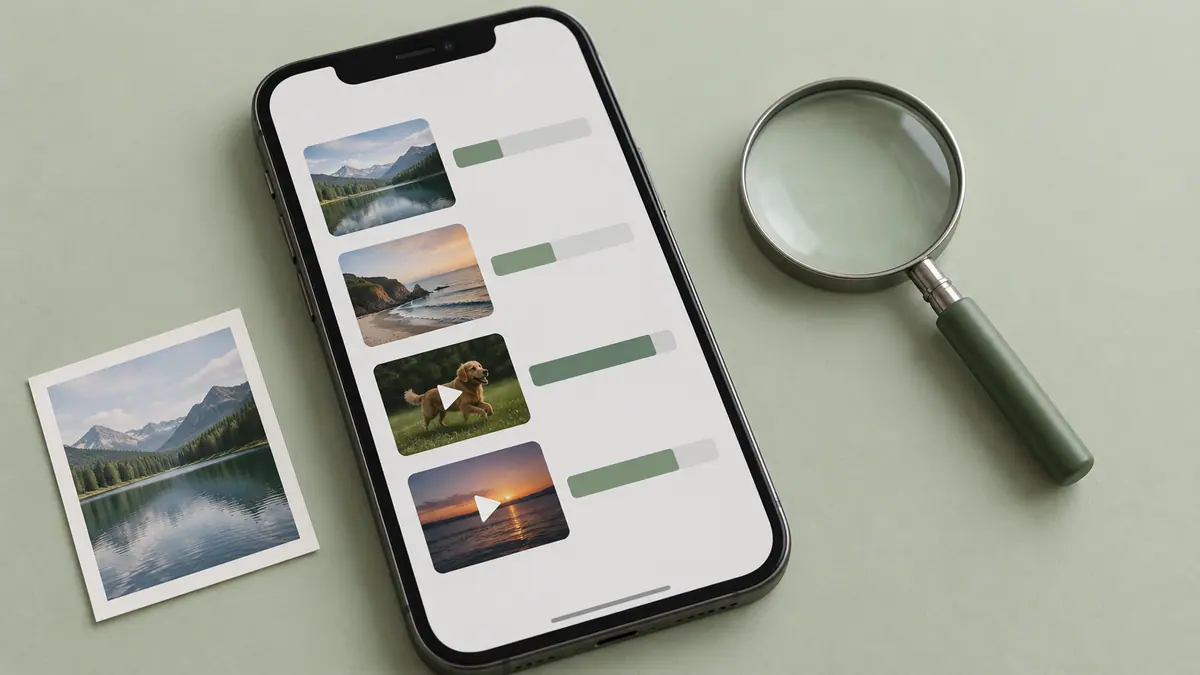 Photo and video thumbnails with relative size bars on a phone beside a magnifying glass