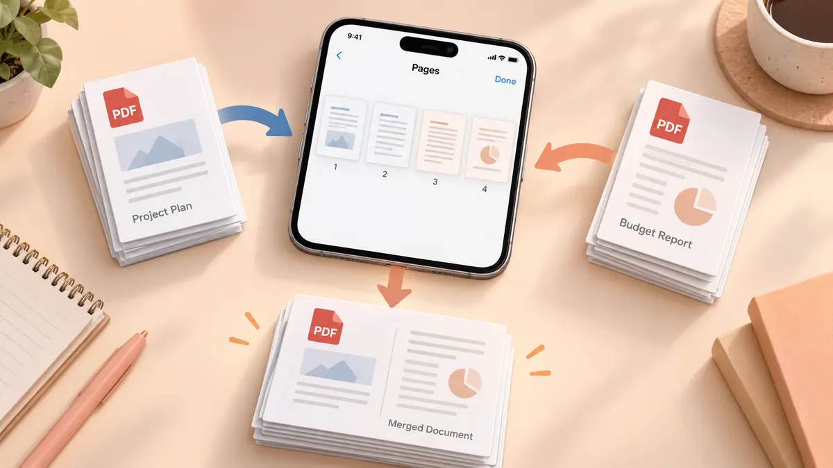 Two PDF documents combining into an ordered document on a phone