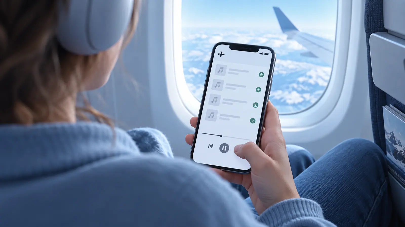 A traveler playing downloaded music from a phone beside an airplane window