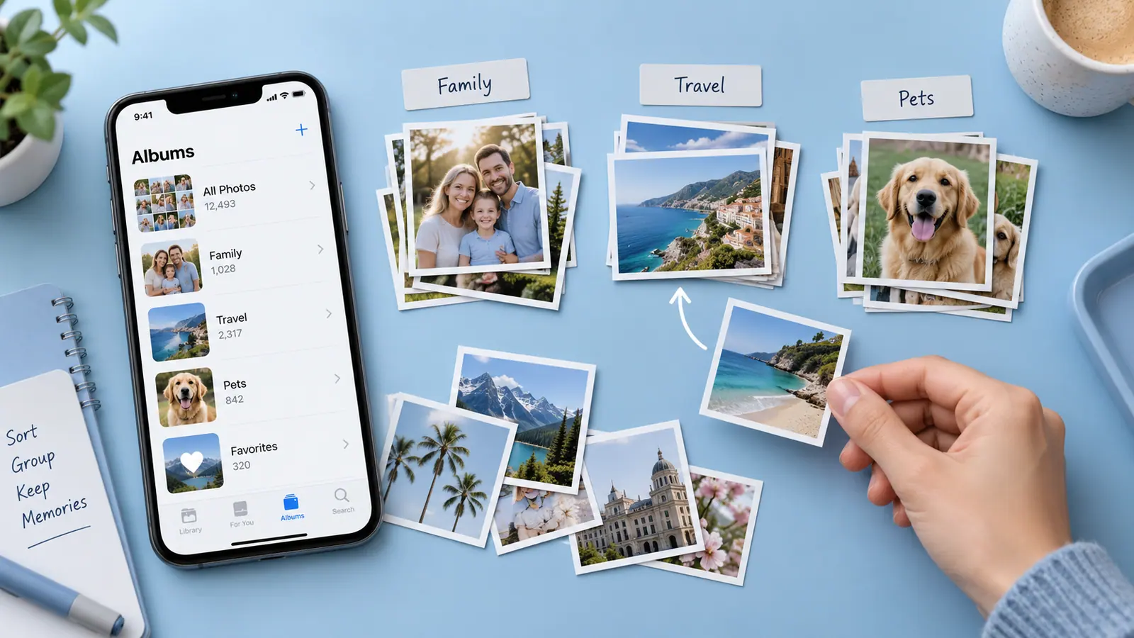 A phone photo library beside pictures sorted into album groups