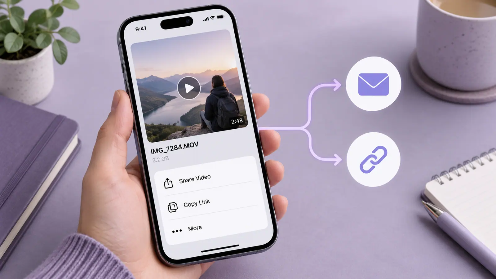 A phone video sharing panel with attachment and file-link choices