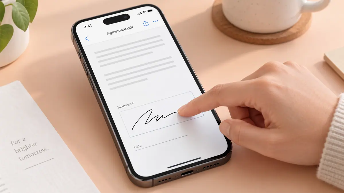 A fingertip adding an abstract signature to a PDF on a phone