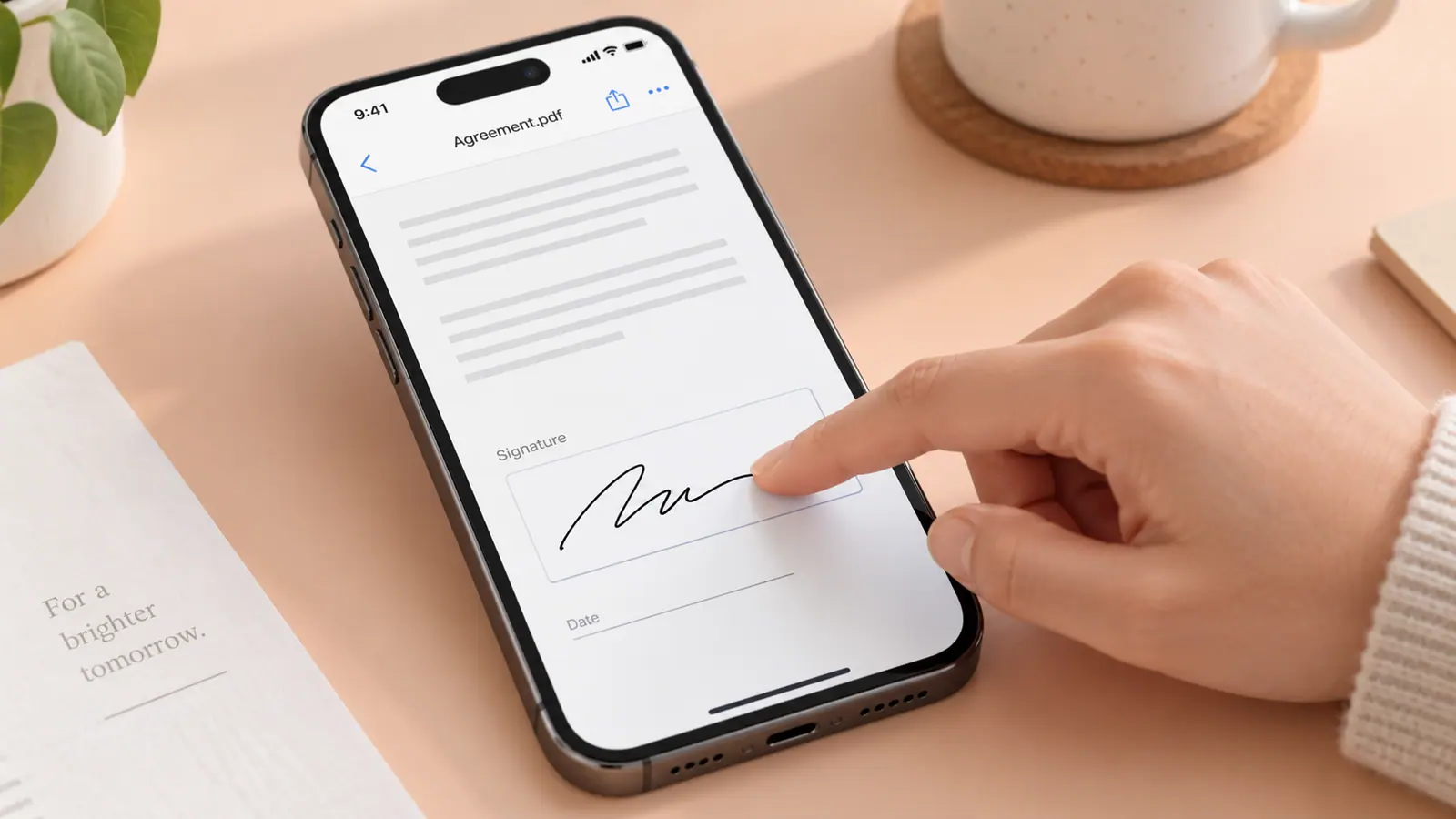 A fingertip adding an abstract signature to a PDF on a phone