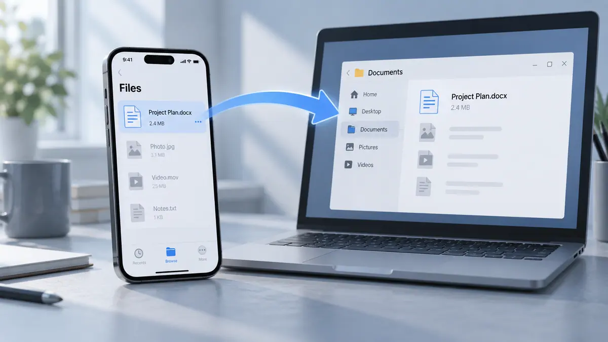 A document moving from a phone file list to a laptop