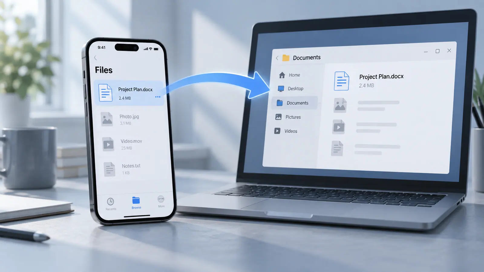 A document moving from a phone file list to a laptop