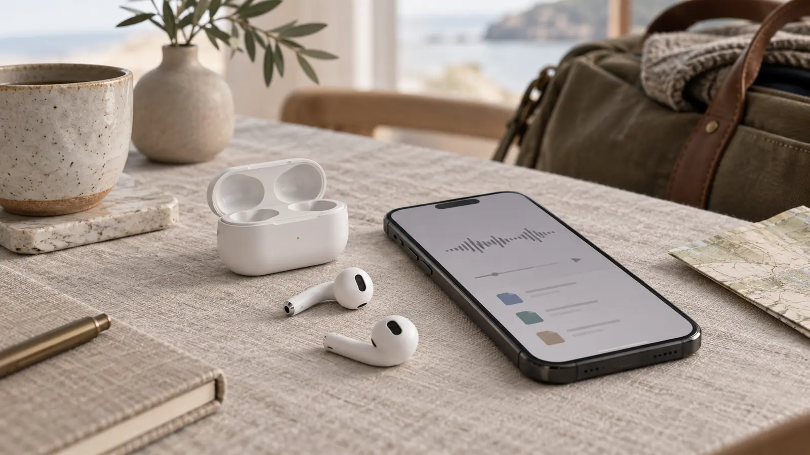 Wireless earbuds beside a phone with an abstract local audio waveform