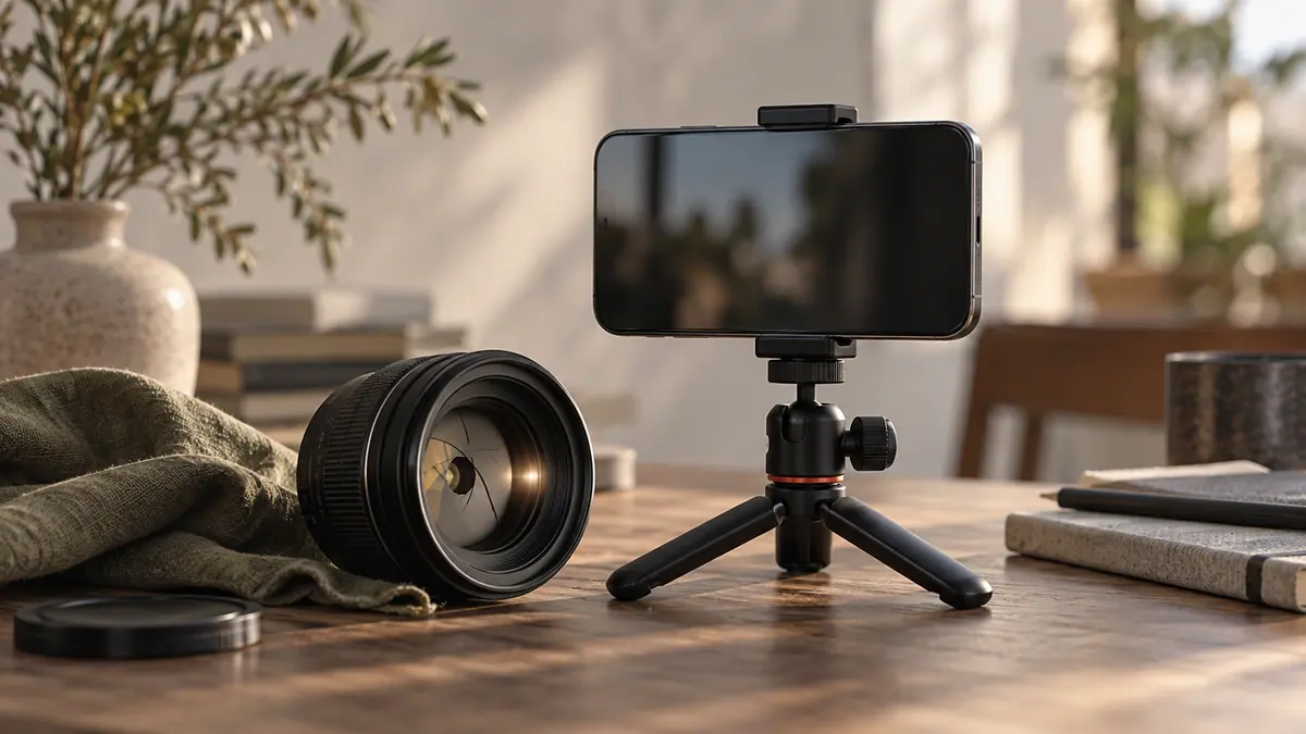 A mobile filming setup beside a lens with visible aperture blades