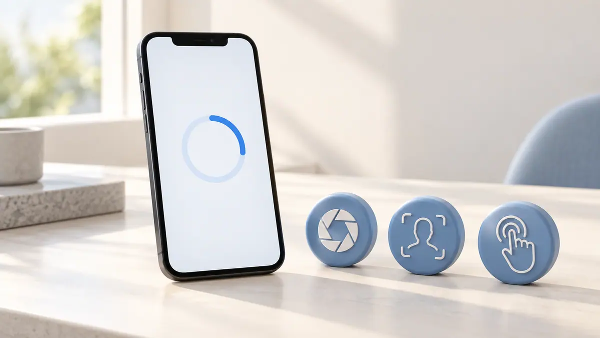 A phone update indicator beside camera, face and touch symbols