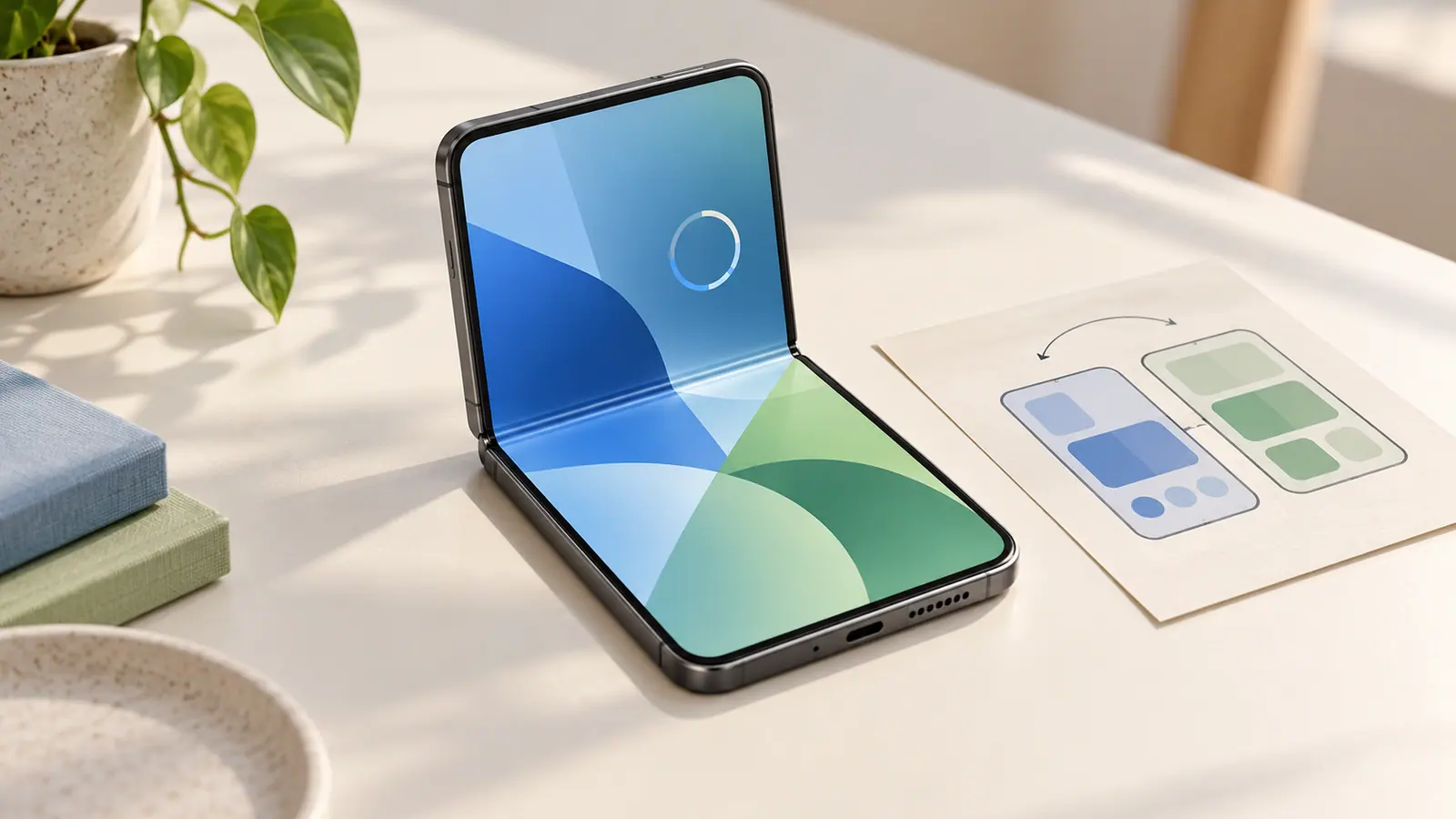 A partly opened foldable phone with an abstract update indicator beside an adaptive layout tile