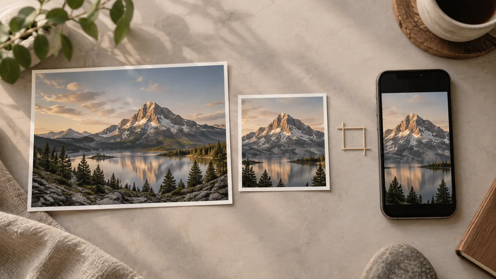 An original landscape photo beside a cropped copy and a phone