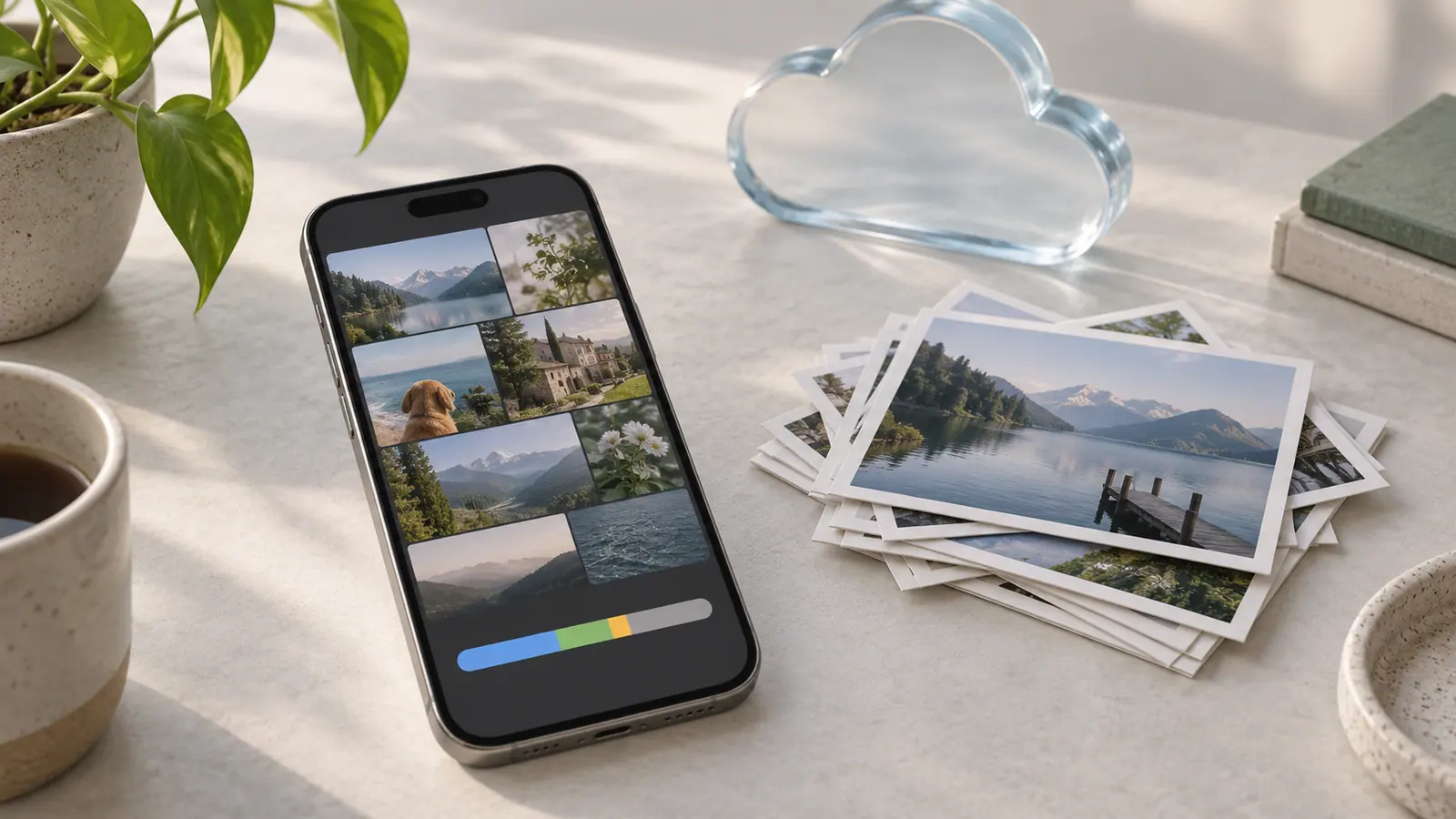A phone photo library beside printed photos and a glass cloud