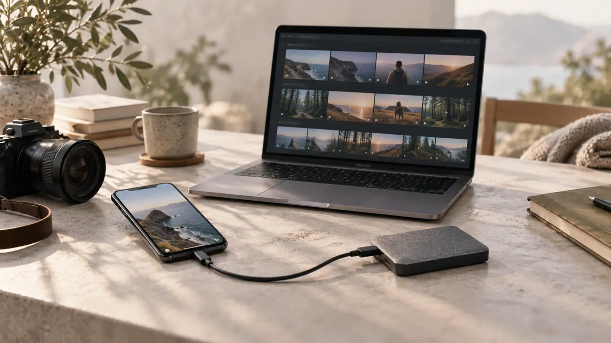 A phone connected to a portable drive beside a video editing workspace