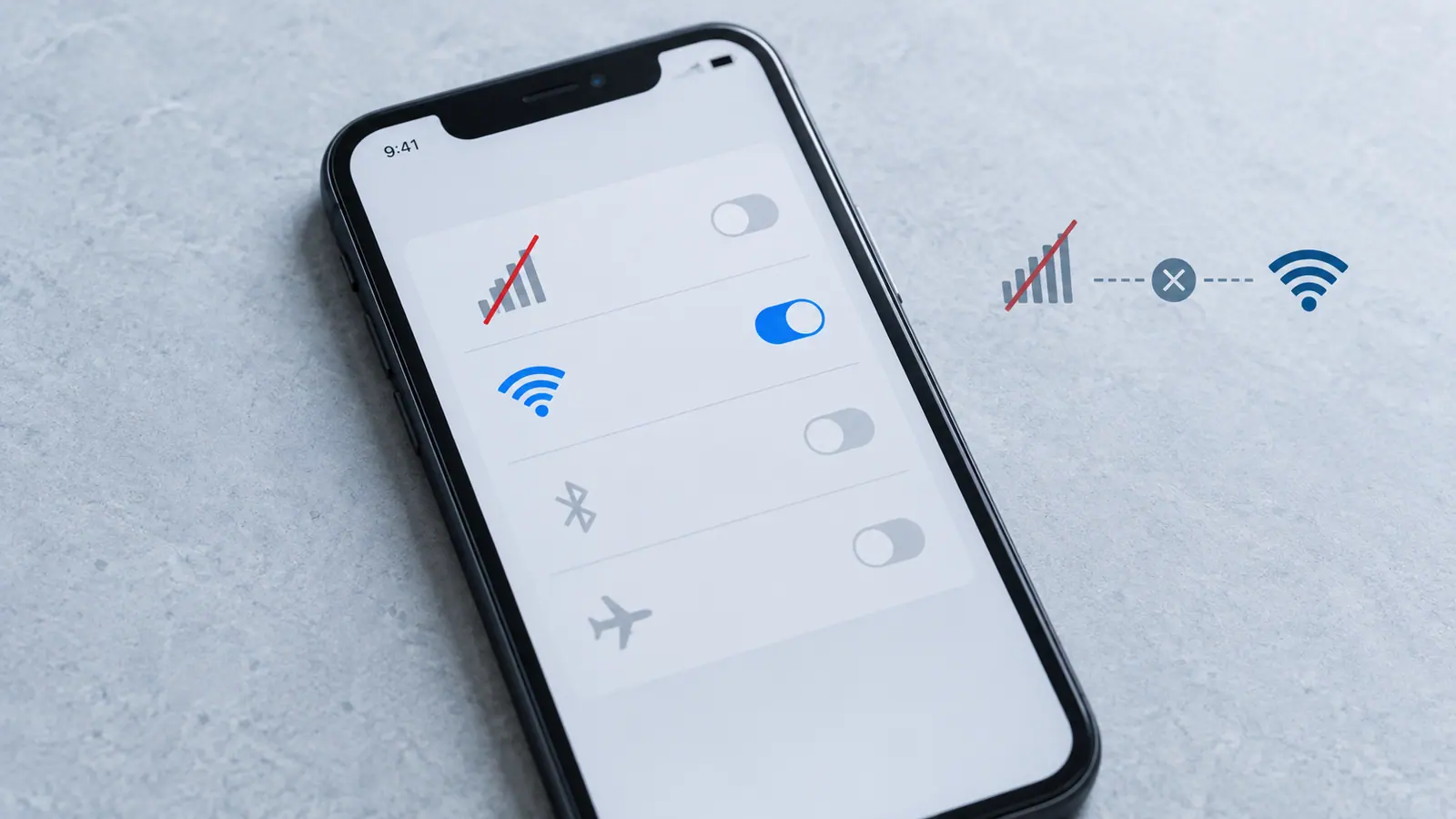 A phone with a crossed-out cellular signal beside a Wi-Fi symbol