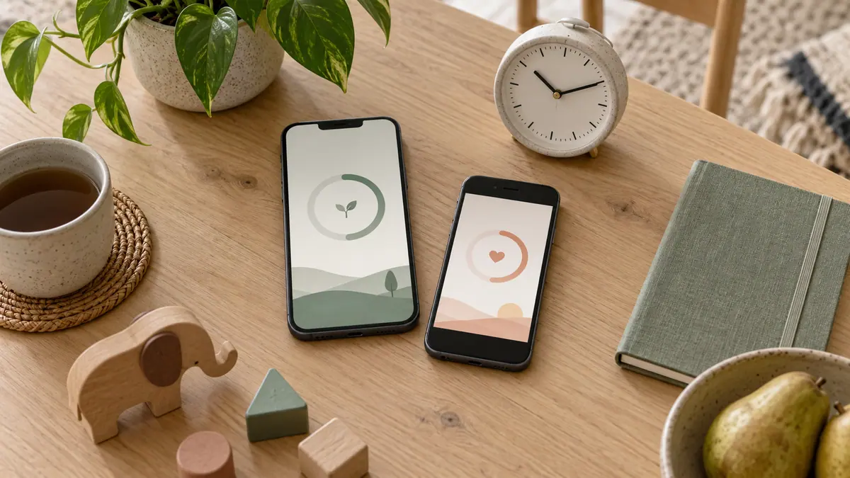 Two phones and an analog clock on a family table