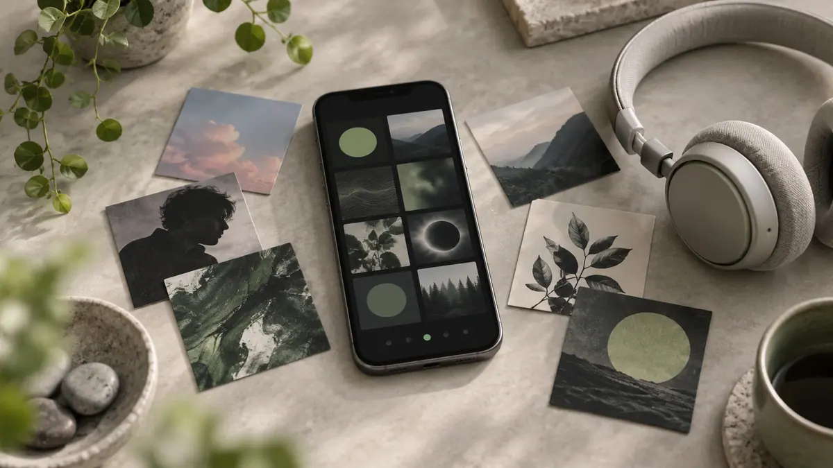 Headphones and a phone beside a curated selection of abstract album artwork