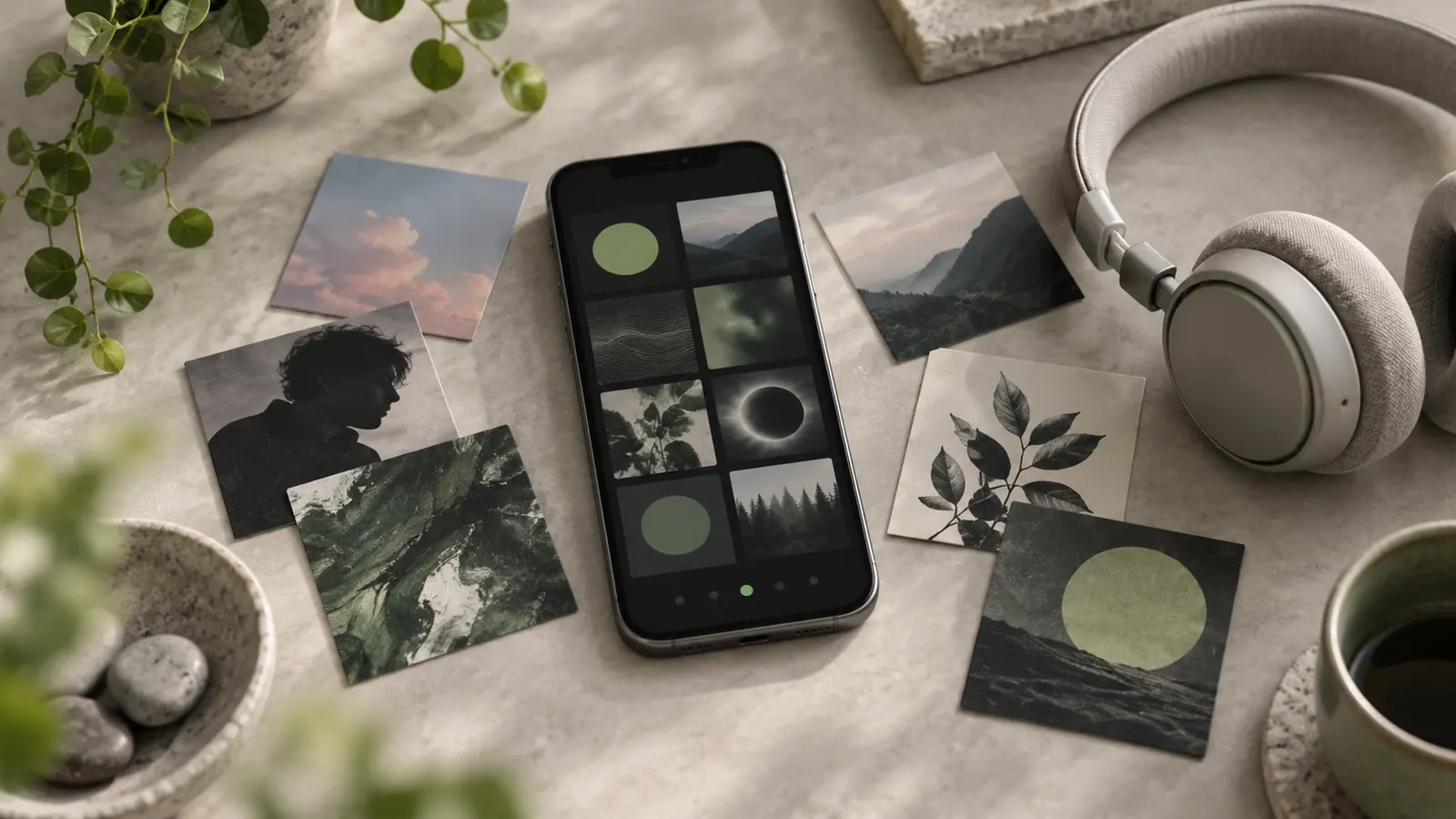 Headphones and a phone beside a curated selection of abstract album artwork