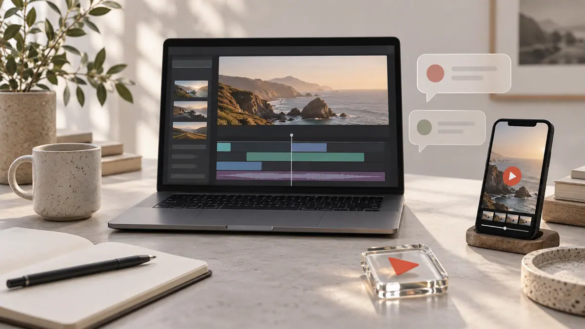 A video timeline and conversation symbols beside a phone