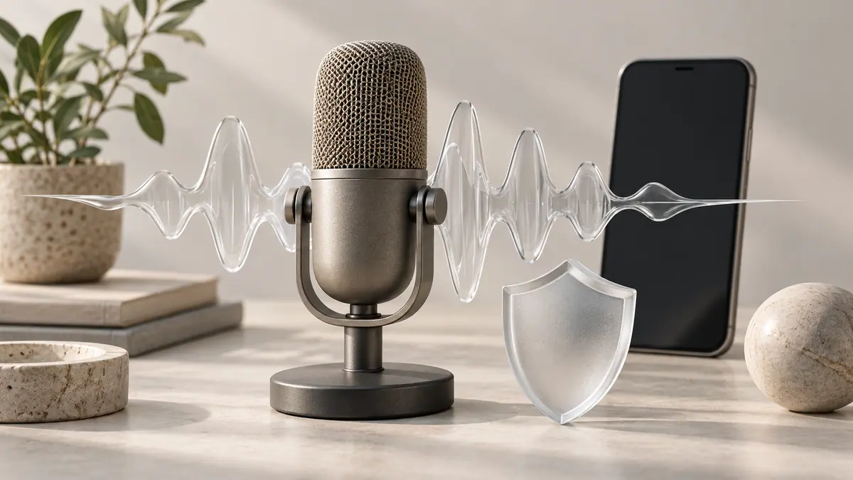 A microphone, audio waveform and shield representing voice identity protection